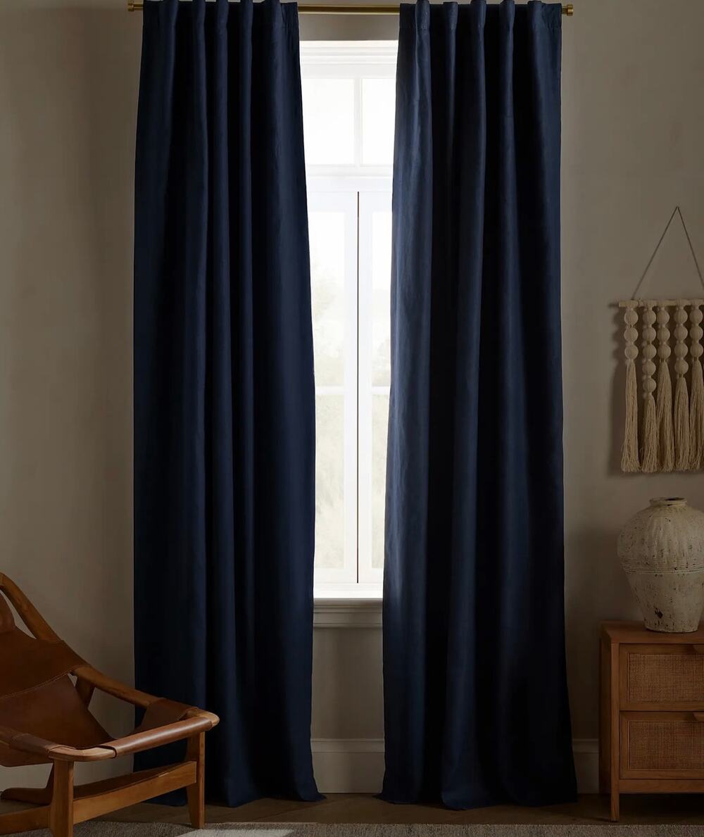 Quince European Linen True Blackout Navy Curtain Set of Two 96x96 New